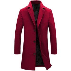 Men's Red Wool Blend Pea Coat Notched Collar Breasted Winter Trench Coat